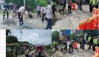 Penambalan jalan berlubang di beberapa titik ruas jalan Trans Sulawesi Kecamatan Lembo, pada Minggu (12/2/2023). (doc/diksimerdeka.com)