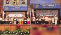 Dosen Fakultas Hukum Universitas Udayana (FH Unud) saat menerima 4 penghargaan saat Perayaan Puncak Dies Natalis Unud ke-61 di Kampus Bukit, Badung, Jumat (29/9/2023). Foto: dok/Tim UPIKS FH Unud/Md Suksma PDS