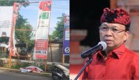 Kolase: Baliho PDIP yang dirusak orang tidak dikenal (kiri). Ketua DPD PDIP Bali Wayan Koster (kanan). Foto: dok/diksimerdeka.com