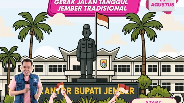Poster resmi Tajemtra 2025: Gerak Jalan Tanggul–Jember Tradisional digelar pada 23 Agustus dengan start di Alun-Alun Tanggul dan finis di Alun-Alun Jember.