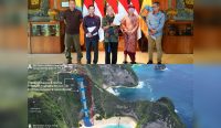 Atas: Gubernur Koster didampingi Bupati Klungkung Made Satria, Ketua Pansus TRAP DPRD Bali, Made Supartha dan Kasatpol PP Bali, I Dewa Nyoman Rai Darmadi saat mengumumkan keputusan perintah penghentian dan pembongkaran bangunan lift kaca di Pantai Klingking, Nusa Penida, Klungkung. Pengumuman tersebut disampaikan di Rumah Jabatan Gubernur Bali, Jaya Sabha, Minggu (23/11/25). Bawah: Bangunan lift kaca di Pantai Kelingking yang melanggar aturan. Foto: tim/diksimerdeka.com