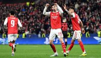 Selebrasi Kai Havertz setelah mencetak gol penalti Arsenal saat melawan Bayer Leverkusen di BayArena Liga Champions
