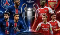 Ilustrasi trofi Liga Champions di antara pemain PSG dan Arsenal menjelang final Liga Champions 2025-2026 di Puskas Arena, Budapest