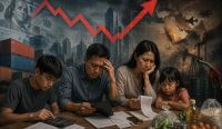 Ilustrasi keluarga kelas menengah menghitung pengeluaran rumah tangga di tengah pelemahan rupiah dan tekanan ekonomi global.
