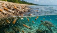 Bahaya puntung rokok di laut terlihat dari sampah filter rokok yang mencemari pantai dan mengancam biota laut.