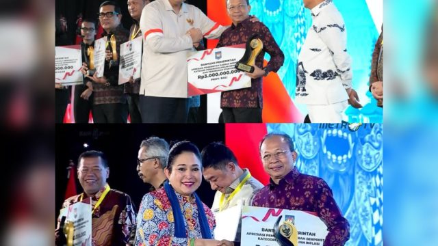 Gubernur Bali, Wayan Koster saat menerima penghargaan Bali sebagai peraih penghargaan Terbaik Pertama pada Kategori Penanggulangan Kemiskinan-Penurunan Stunting dan Penanganan Inflasi tingkat provinsi dalam ajang Apresiasi Pemerintah Daerah Berprestasi Tahun 2026 yang digelar Kementerian Dalam Negeri (Kemendagri) di Grand Ballroom Yogyakarta Marriott Hotel, Kamis (4/6/2026).