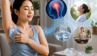 Ilustrasi perempuan mengompres ketiak menggunakan kantong es sebagai tren viral untuk mengatasi overthinking dan kecemasan