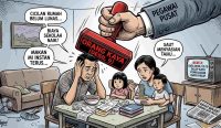Kartun satir keluarga kelas menengah Indonesia dicap 'ORANG KAYA (DESIL 9)' oleh stempel raksasa pemerintah pusat, sementara mereka stres menghadapi tumpukan tagihan dan hanya makan mi instan.