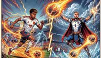 Ilustrasi epik bergaya komik Marvel menampilkan aksi duel Lamine Yamal dari Timnas Spanyol melawan Harry Kane dari Timnas Inggris di lapangan hijau. Simak Prediksi Inggris vs Spanyol UEFA Nations League 2026. (Kredit Foto: AI Generated / Berita Bola Marvel)