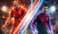 Ilustrasi sinematik gaya Marvel bentrok Erling Haaland dan Cristiano Ronaldo untuk melengkapi artikel Prediksi Norwegia vs Portugal di laga UEFA Nations League. Kredit: AI Generated