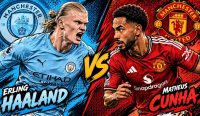 Ilustrasi komik Erling Haaland berhadapan dengan Matheus Cunha yang menjadi sorotan utama jelang laga derbi panas dalam Prediksi Manchester United vs Manchester City. (Kredit Foto: Ilustrasi AI)