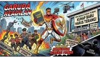 Ilustrasi bergaya komik pahlawan super yang menggambarkan aparat penegak hukum tengah kebingungan menghadapi masa transisi dari hukum lama menuju KUHAP Baru. Tampak sosok pahlawan "Garuda Keadilan" mendobrak belenggu kebingungan aturan dan ego sektoral, sejalan dengan desakan tegas Komisi III DPR RI agar aturan turunan KUHAP Baru segera diterbitkan. (Kredit Foto: AI Generated)