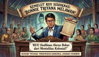 Ilustrasi bergaya komik klasik yang menggambarkan Anggota Komisi X DPR Bonnie Triyana sedang berpidato menolak mental kolonial dalam penyusunan RUU Sisdiknas demi kesetaraan hak penghayat kepercayaan. (Kredit Ilustrasi: AI Generated)