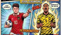 Ilustrasi komik bergaya epik menampilkan duel Ole Romeny dan Bergson da Silva sebagai pelengkap ulasan Prediksi Indonesia vs Malaysia pada laga panas Derbi Serumpun FIFA ASEAN Cup 2026. Kredit: Ilustrasi AI