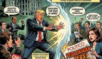 Ilustrasi bergaya sampul komik Marvel yang mendramatisasi Presiden Donald Trump menembakkan energi penolakan ke arah jurnalis CNN, Politico, dan MS NOW di depan Gedung Putih, merepresentasikan insiden pemblokiran yang berujung pada Gugatan Media AS. (Ilustrasi: AI Generated)