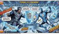 Ilustrasi komik gaya Marvel yang mendramatisasi ancaman Sanksi Manchester City terkait 115 dakwaan pelanggaran finansial melawan Premier League. (Kredit Foto: AI Generated)