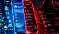 Ilustrasi digital 3D yang memperlihatkan kerentanan sistem Android di mana celah fitur Work Profile dimanfaatkan oleh hacker untuk membobol keamanan mobile banking dan mencuri data pribadi. (Kredit Foto: Ilustrasi AI / Dokumen Diksi Merdeka