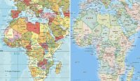 Perbandingan visual ukuran Benua Afrika pada proyeksi Peta Mercator di sebelah kiri yang terdistorsi dan tampak menyusut, bersanding dengan Peta Dunia Baru PBB melalui proyeksi Equal Earth 2018 di sebelah kanan yang menampilkan skala raksasa aslinya secara akurat. Resolusi PBB resmi mengadopsi peta baru ini untuk menghapus bias. Gambar Komposit: equal-earth.com, Getty Images.