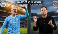 Prediksi Manchester City vs Coventry City menampilkan selebrasi gol Erling Haaland yang siap meneror taktik bertahan skuad asuhan Frank Lampard di Liga Inggris.