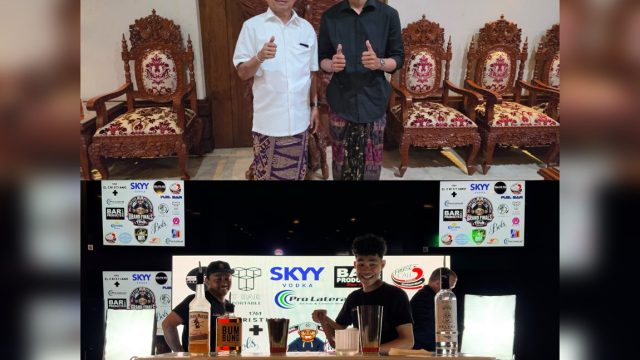 Atas: Gubernur Bali Wayan Koster bersama bartender asal Bali yang meraih juara II The TDuB World Championship – Grand Finals di Las Vegas, Gede Rico Hardiana Widnyana. Bawah: Aksi Gede Rico Hardiana Widnyana II The TDuB World Championship – Grand Finals di Las Vegas.