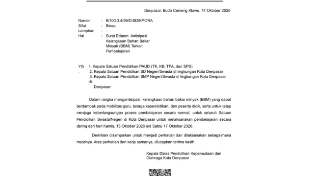 Dinas Pendidikan Kepemudaan dan Olahraga (Disdikpora) Kota Denpasar mengeluarkan surat edaran Nomor B/100.3.4/99/DISDIKPORA tertanggal 14 Oktober 2026. Foto: dok/diksimerdeka.com