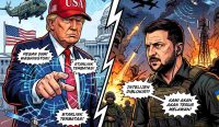 Gambar ilustrasi bergaya komik DC Marvel yang menyoroti Ketegangan Trump Zelensky, menampilkan Donald Trump di Washington yang dituduh mencekik sinyal Starlink, berhadapan dengan Volodymyr Zelensky yang bertahan di garis depan perang Ukraina. Kredit Foto: Ilustrasi AI / Diksimerdeka.