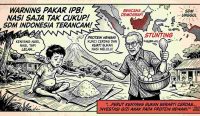 Ilustrasi komik bergaya klasik merepresentasikan peringatan pakar IPB tentang bahaya stunting akibat kurangnya konsumsi protein hewani pada anak Indonesia. Tampak anak lelah meski kenyang makan nasi, berhadapan dengan pakar yang membawa keranjang berisi susu, dagin