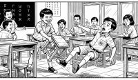 Ilustrasi komik hitam putih gaya R.A. Kosasih menunjukkan seorang siswa SD nakal menarik kursi temannya yang hendak duduk di kelas. Korban terjatuh melayang dengan wajah panik. Candaan tarik kursi ini sangat berbahaya karena memicu cedera sumsum tulang belakang. Ilustrasi: AI Generated.