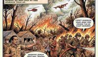 Ilustrasi komik klasik bergaya R.A. Kosasih yang menggambarkan suasana darurat bencana Karhutla Indonesia. Terlihat pesawat pemadam dan helikopter mengudara di atas hutan yang terbakar, sementara petugas mengevakuasi warga rentan ke posko Kamp Oksigen. Kredit Foto: Ilustrasi AI / Diksimerdeka.