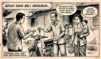 Ilustrasi bergaya komik klasik yang menggambarkan seorang bapak terpaksa menjual sepeda motornya demi memberi makan keluarga, sebagai potret nyata fenomena daya beli masyarakat turun yang menghantam kelas menengah. (Ilustrasi: AI/Diksi Merdeka)