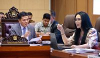 Kolase foto perdebatan sengit dalam rapat evaluasi 2 tahun Prabowo di DPR antara Ketua Komisi III DPR Habiburokhman (kiri) dan Anggota DPR Fraksi PDIP Rieke Diah Pitaloka (kanan). (Foto: Tangkapan Layar / Dok. DPR RI)