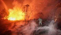 Tentara, petugas pemadam, dan relawan karhutla berjibaku menjinakkan kobaran api besar di Banjarbaru, Kalimantan Selatan. Foto: Muda Sagala/AFP/Getty Images.