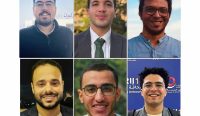 Kolase potret enam Jurnalis Mesir dari platform investigasi independen Matsadaash yang ditangkap paksa oleh aparat keamanan. Searah jarum jam dari kiri atas: Mohamed Ashraf (kini dituduh teroris), Omar Helal, Islam Barakat, Mohamed Adel, Mohamed Mahmoud, dan Abdallah Qadri. Kredit Foto: Matsadaash/AP.